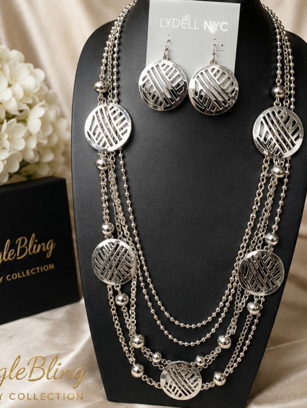 Lydell NYC Silver Tone Multi Strand Statement Necklace Earrings Set NOS